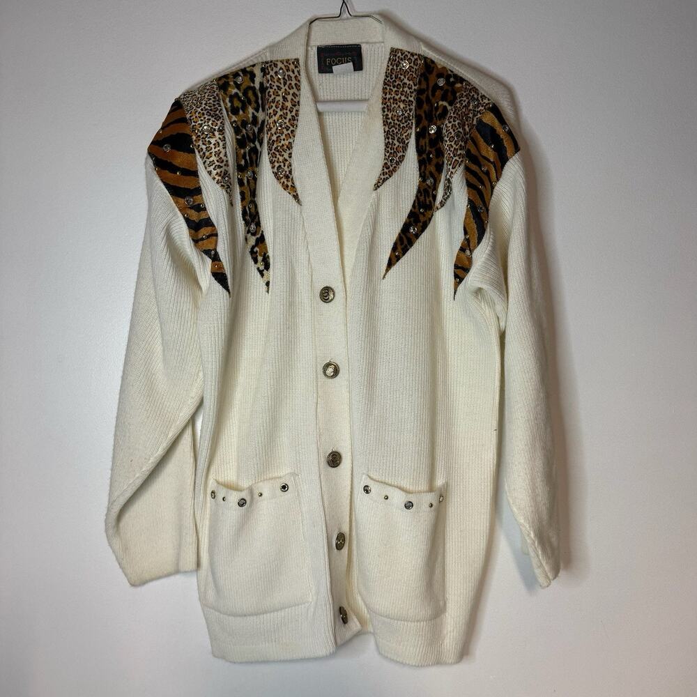 Vtg Focus USA Animal Print Rhinestone Cardigan Sweater One Size White Mobwife 90